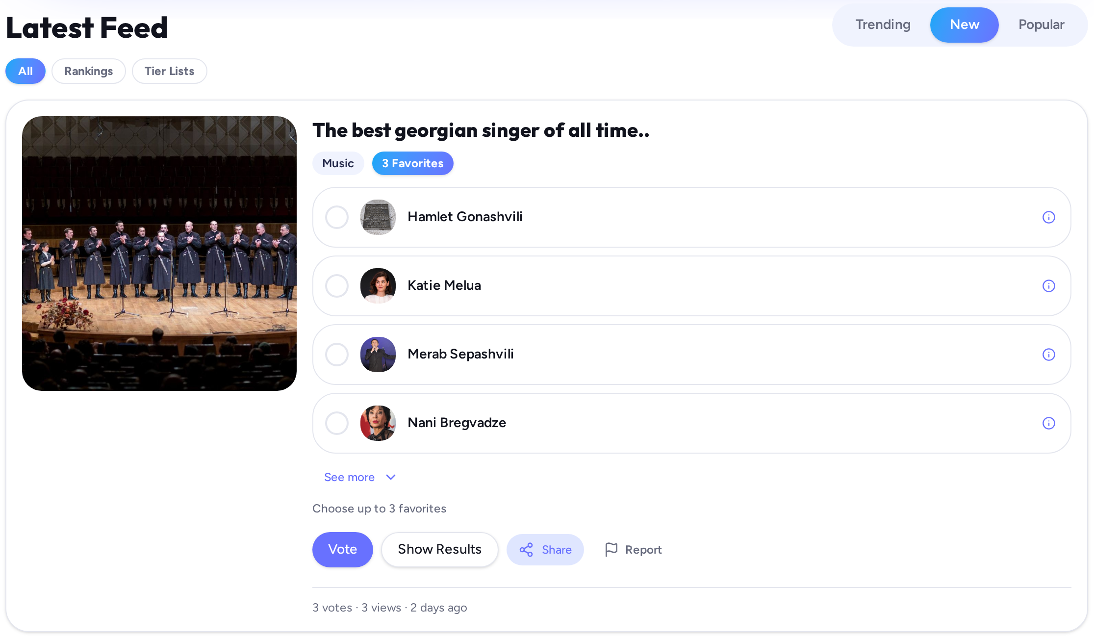 Rangi feed with content filters and sorting
